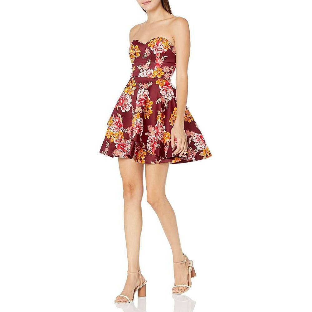 B. Darlin Burgundy Floral Strapless Ruffle Fit Flare Dress Juniors Size 1/2